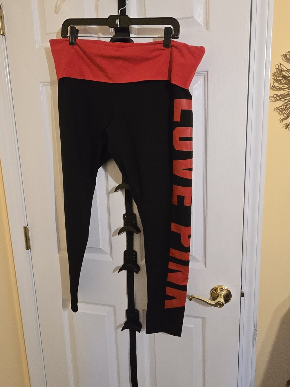 PINK Victoria's Secret Black Leggings with Red Waistband and Side Logo